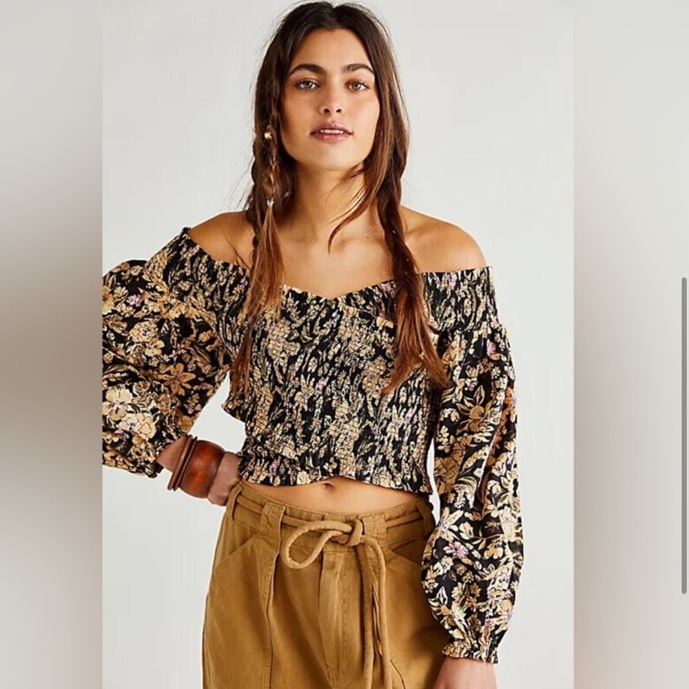 Free People Black Floral Crop Top
